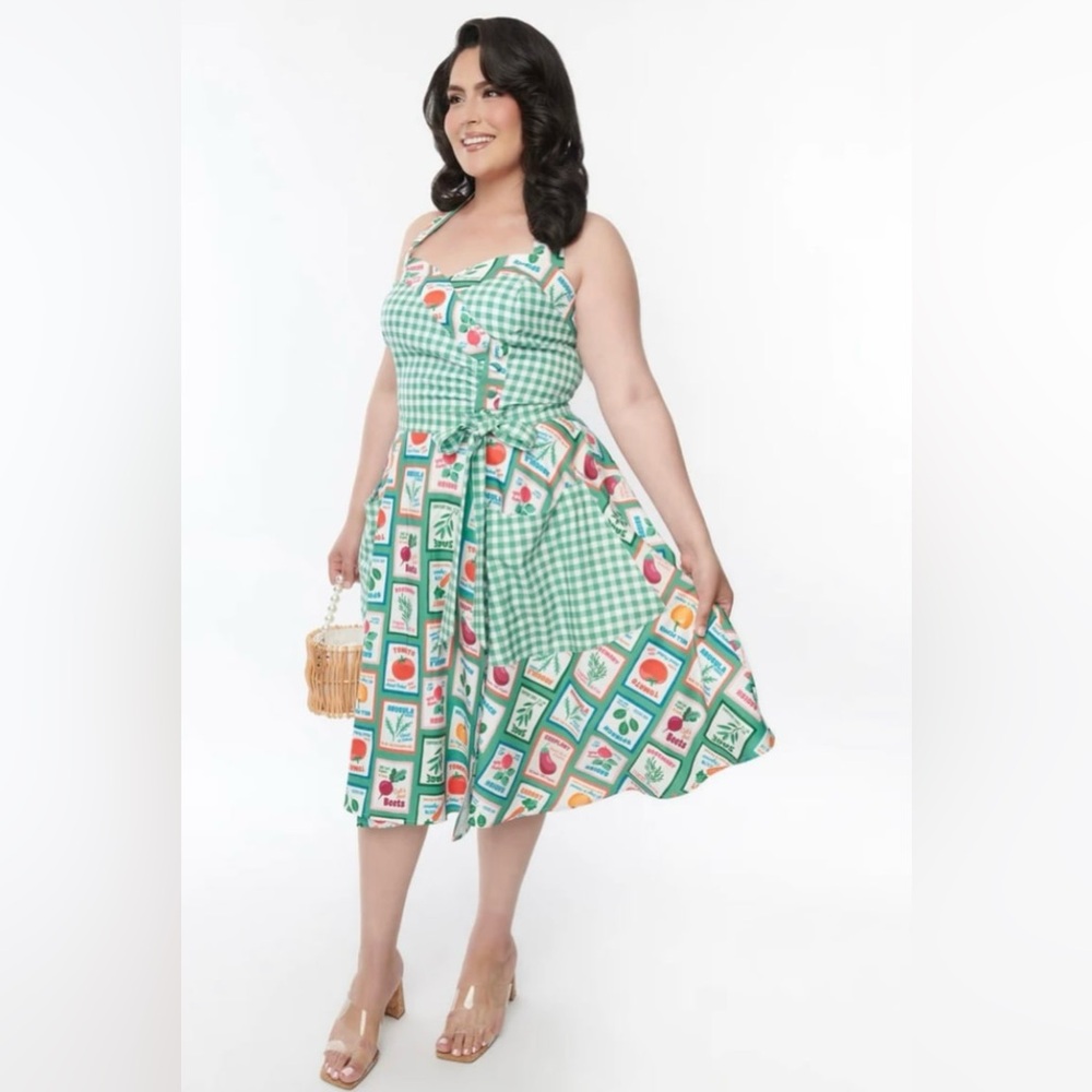 Unique Vintage Green & White Vegetable Gingham Romper, 1x, NWT! - Picture 7 of 15